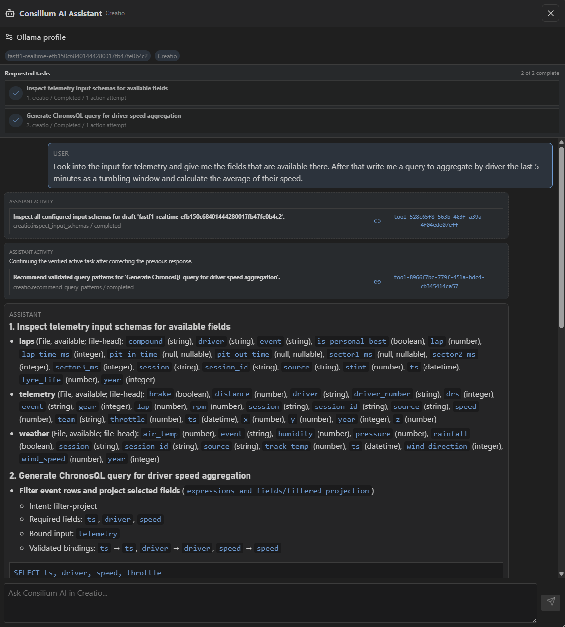 Consilium AI assistant conversation and task workflow
